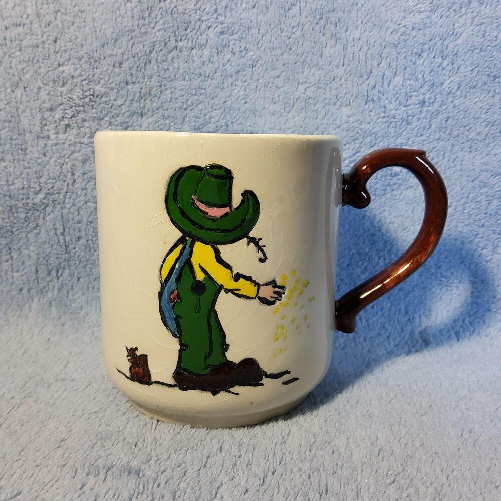 Vintage Ceramic Coffee Mug Farmer Boy Feeding Chickens Green Overalls Crazing